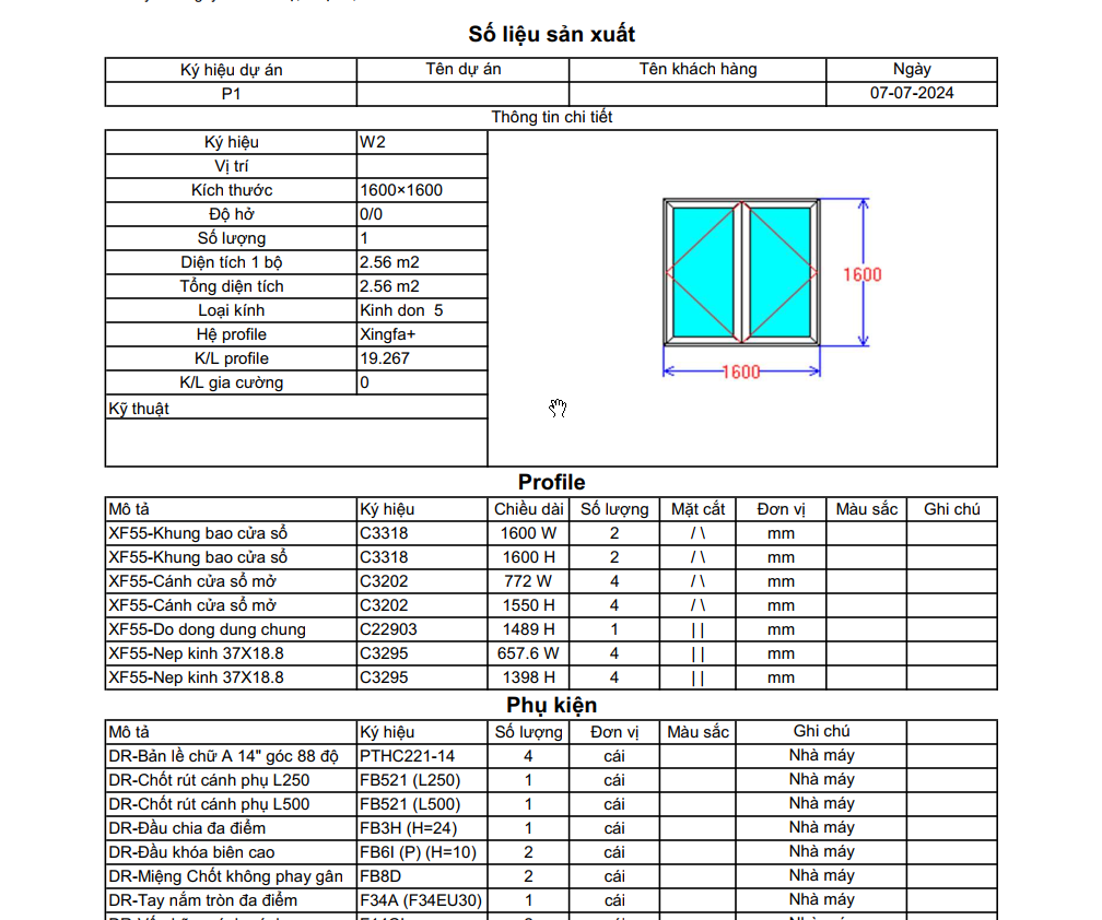 mẫu số liệu sản xuất của phần mềm cửa nhôm